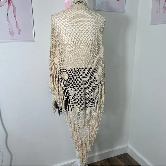 Vintage Crochet Fringe Poncho Pullover Hand Woven Turkey Boho One Size - Picture 3 of 7